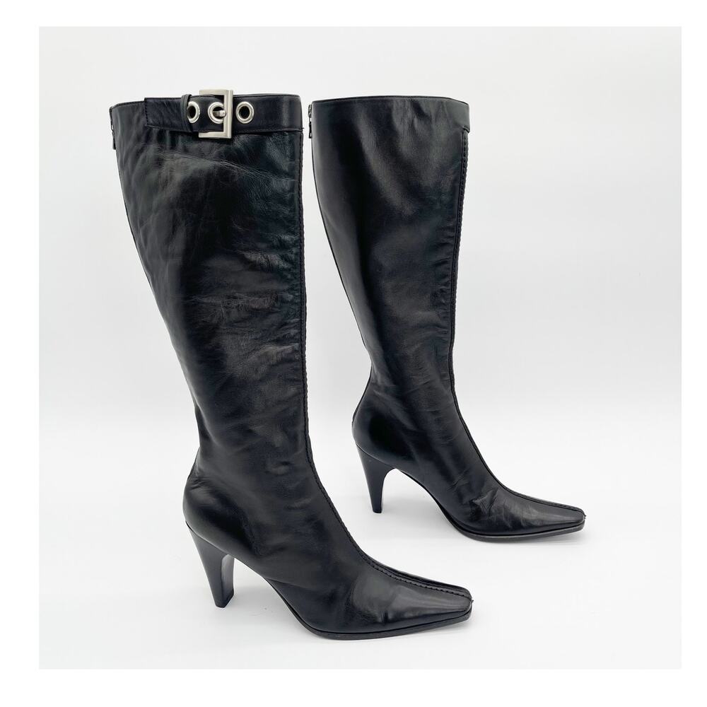 Prada Vintage y2k Black Leather Buckle Square Toe Heeled Knee High Boots IT 36